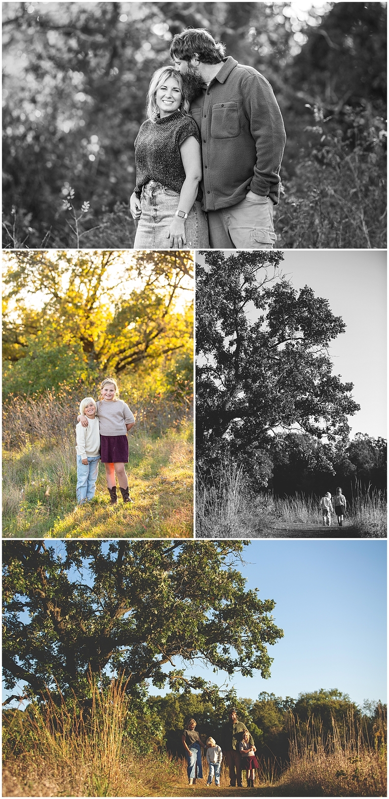 Fall family photoshoot in tall trees and field