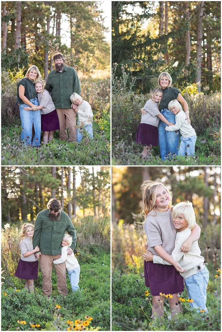 Fall family photoshoot in tall trees and field